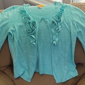 Ruby Rd. Aqua Cardigan with Ruffle Detail